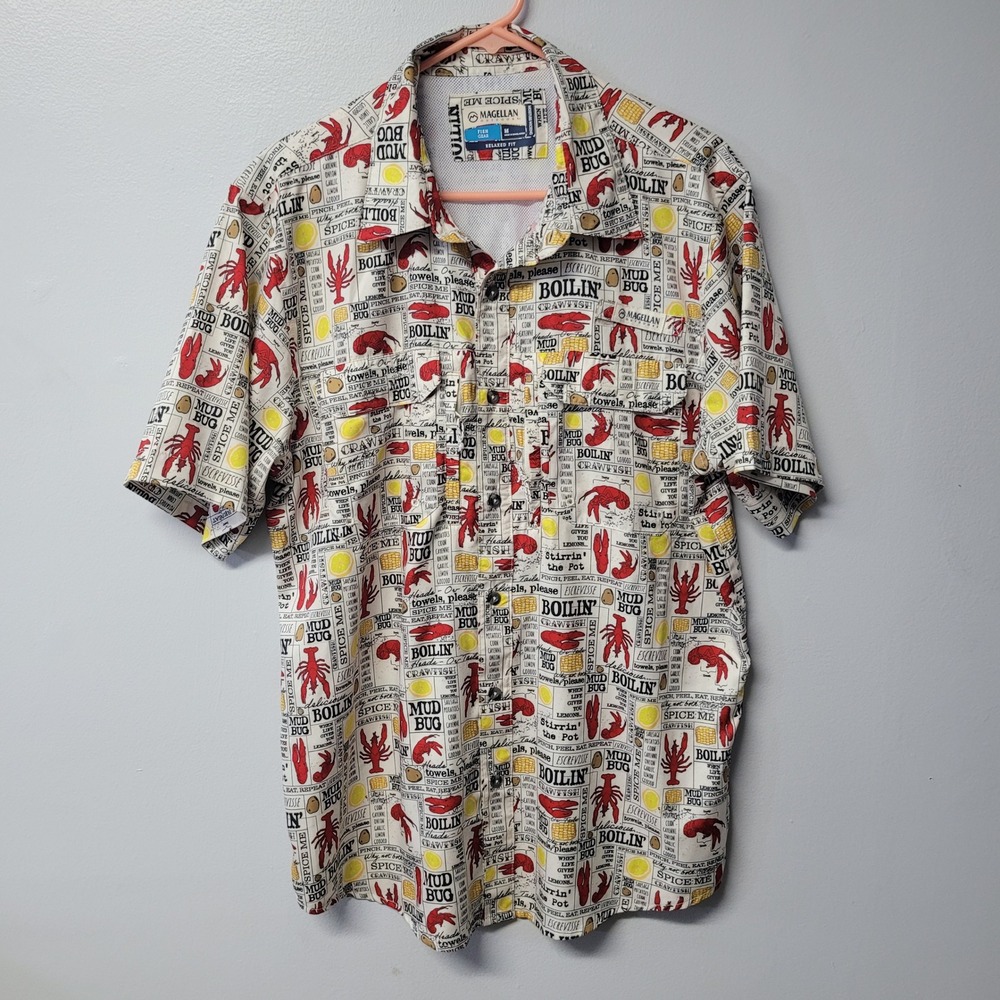 Magellan Mens Lobster Boil‎ Fishing Shirt Short Sleeve Button Up White Medium
